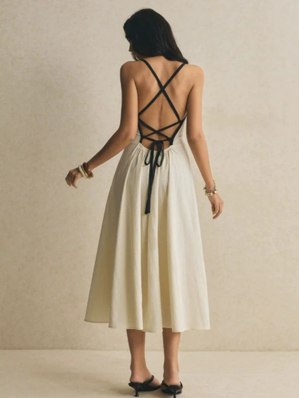 ZARA Soft Spaghetti Strap Cross Tie Bow Backless Vacation Maxi Dress